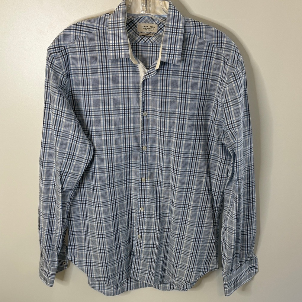 Zara Men's Blue and White Checkered Shirt